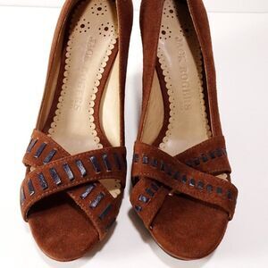 Jack Rogers Brown Suede Black Leather Whip Stitch Wedge Sandals Sz 6 NWOB 220